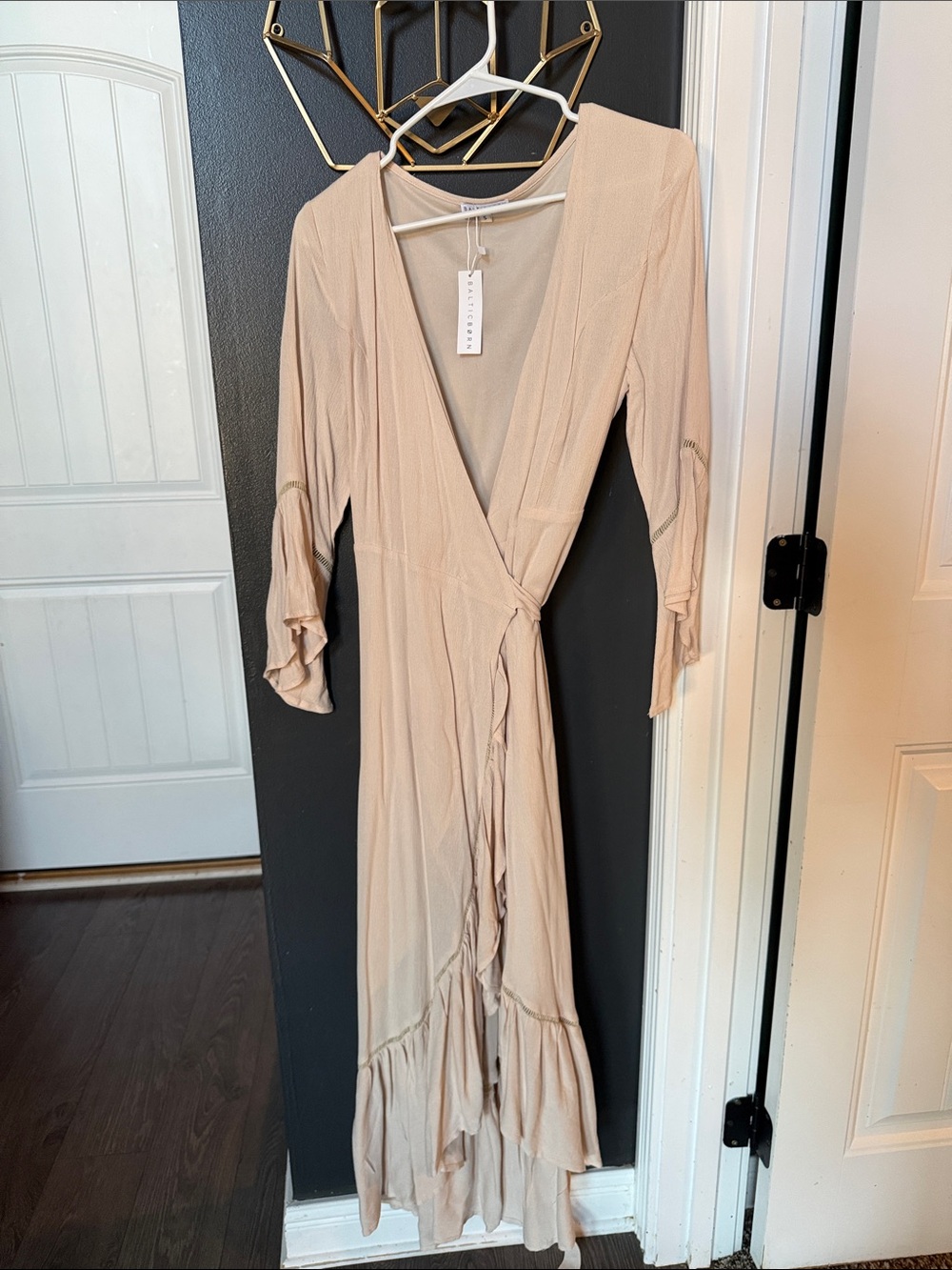 Baltic Born Nude Beige Wrap Maxi Dress with Ruffle Hem